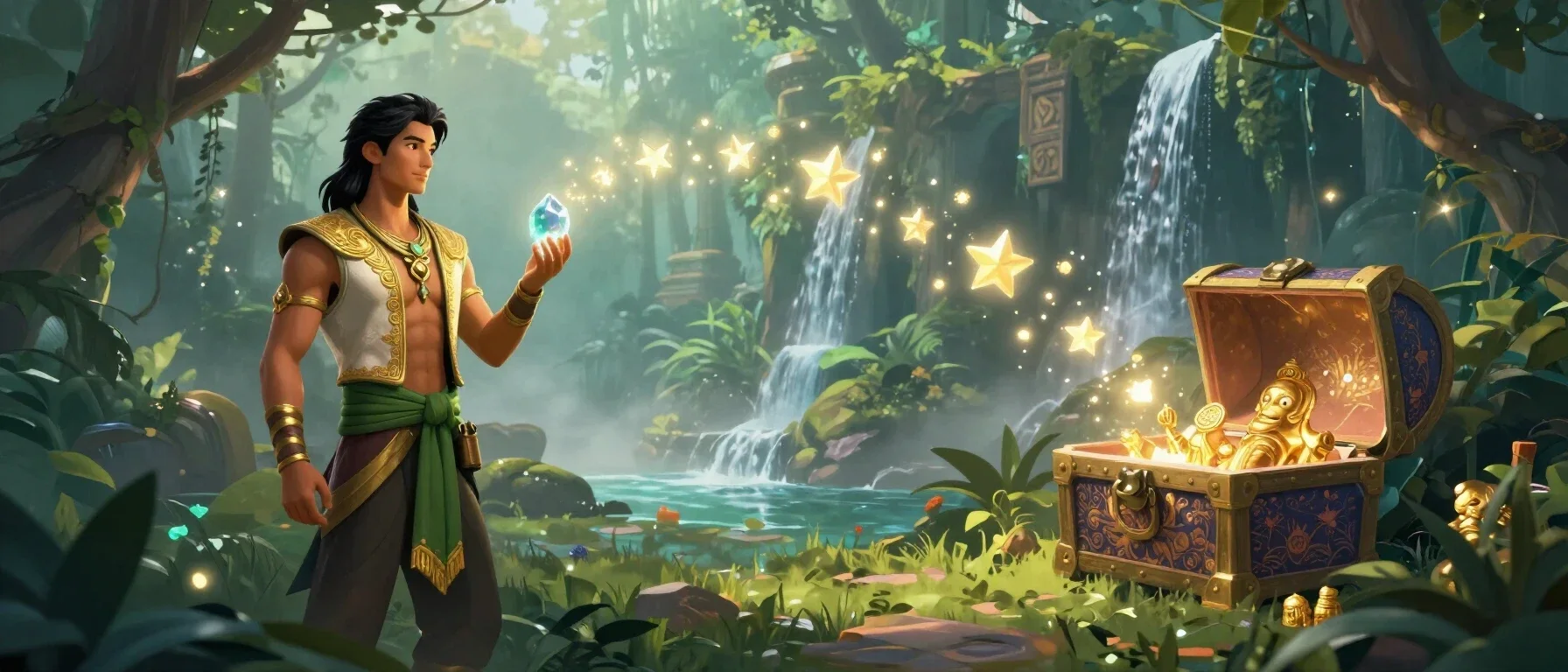 FanDuel Casino free spins represented by a glowing treasure chest and floating tokens