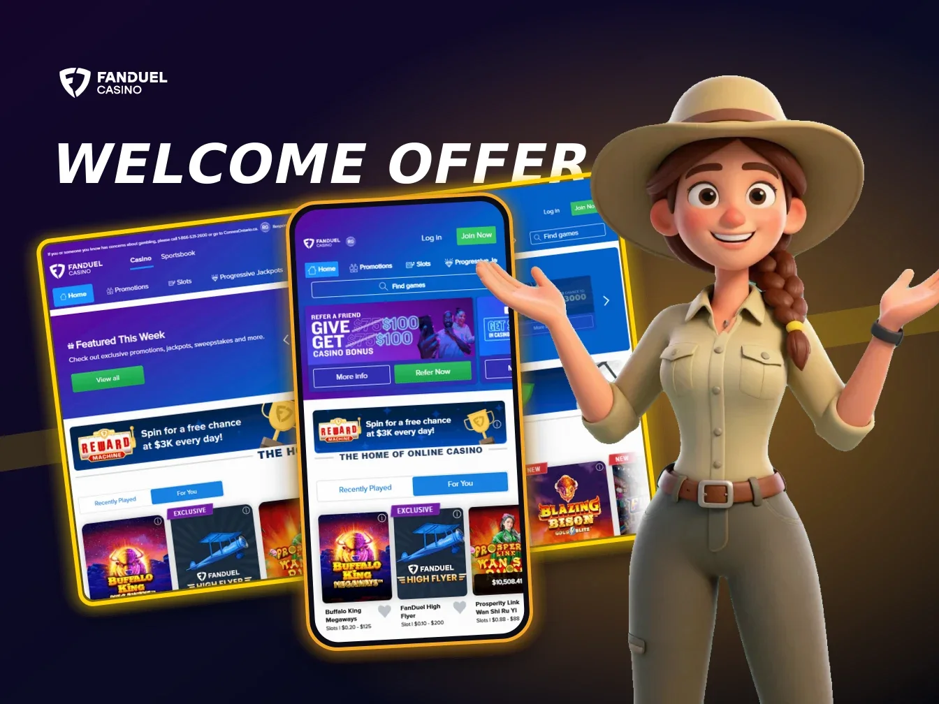 FanDuel Casino welcome offer and casino lobby on desktop